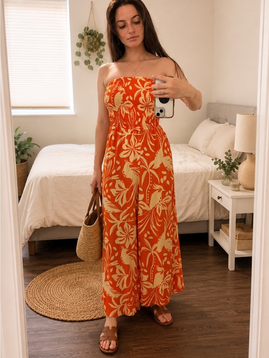 Patrons of Peace Pants - Patrons of Peace Orange Floral Strapless Jumpsuit